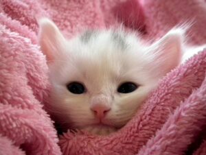 毛布に包まれる小さな子猫